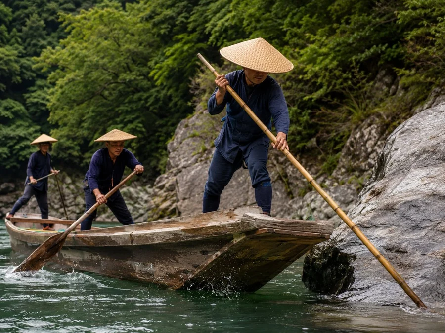 船頭が櫓と棹で平底船を操る様子